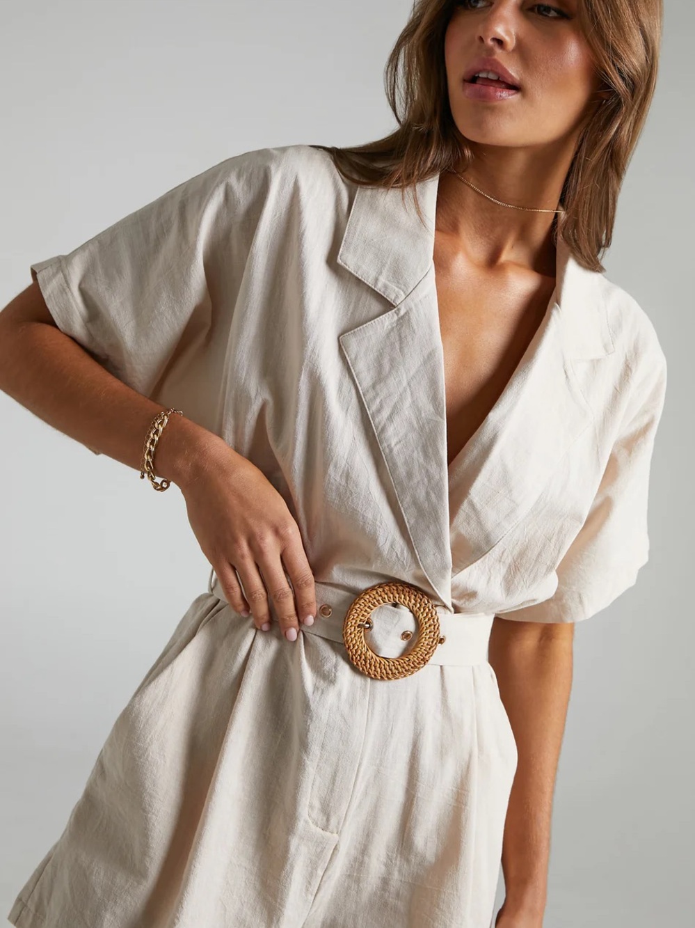 Showpo Cream V-Neck Short Sleeve Romper - Picture 2 of 5